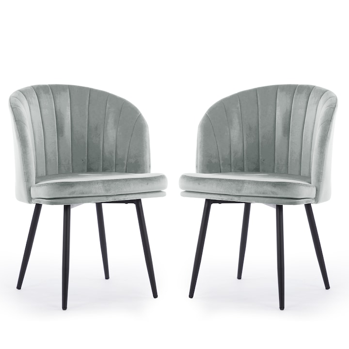 Комплект от 2 трапезни стола Korser, тапицирани, кадифе, сиви, черни метални крака, 39.5 см дълбочина