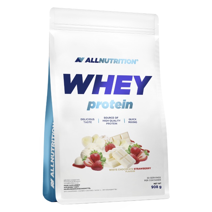 Proteine ALLNUTRITION Whey Protein, 908g, Ciocolata alba Capsuni, Proteina, 30 de portii, fara zahar