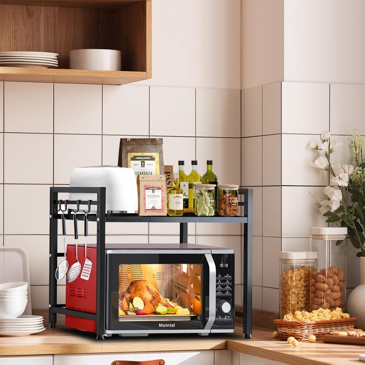 Стойка за микровълнова фурна, LanpoVista, метална, регулируема 42-64см x 36см x 32-42см, черна, 6 куки