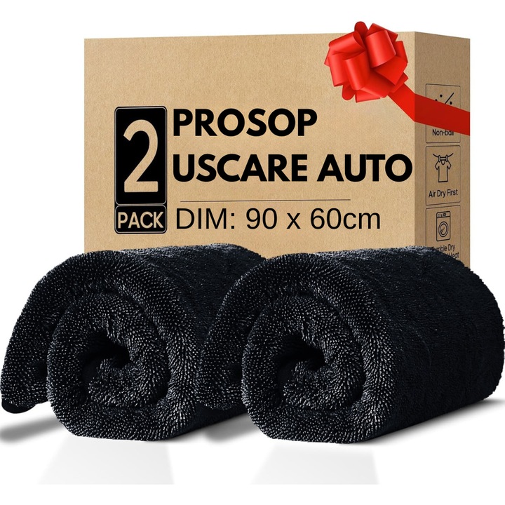 Set 2 Prosoape Uscare Auto Microfibra Premium VITTALIST, Ultra Absorbant, 1200GSM, 90x60 cm, Fara Urme, Ideal Detailing Masina, Negru