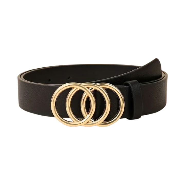 Curea din piele sintetica, catarama metalica aurie, model 3 cercuri, culoare neagra, lungime 102 cm