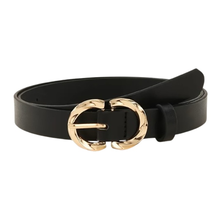 Curea din piele sintetica, catarama metalica aurie, model 2 semicercuri, culoare neagra, lungime 102 cm