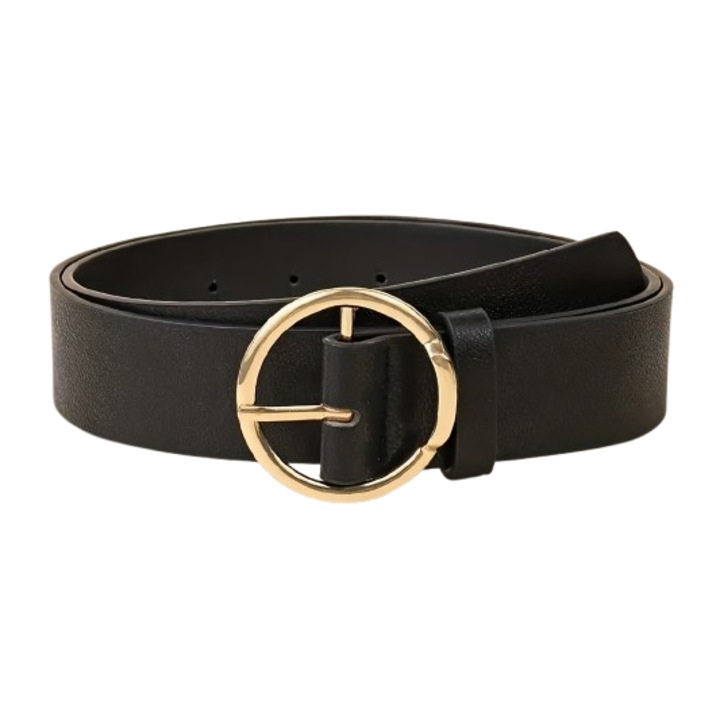 Curea din piele sintetica, catarama metalica aurie, model cerc, culoare neagra, lungime 102 cm