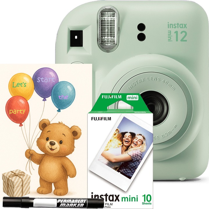 Фотоапарат Fujifilm Instax Mini 12 Party Pack, Мигновен, Зелен, Комплект за събития с 10 филма, Поздравителна картичка и Carioca