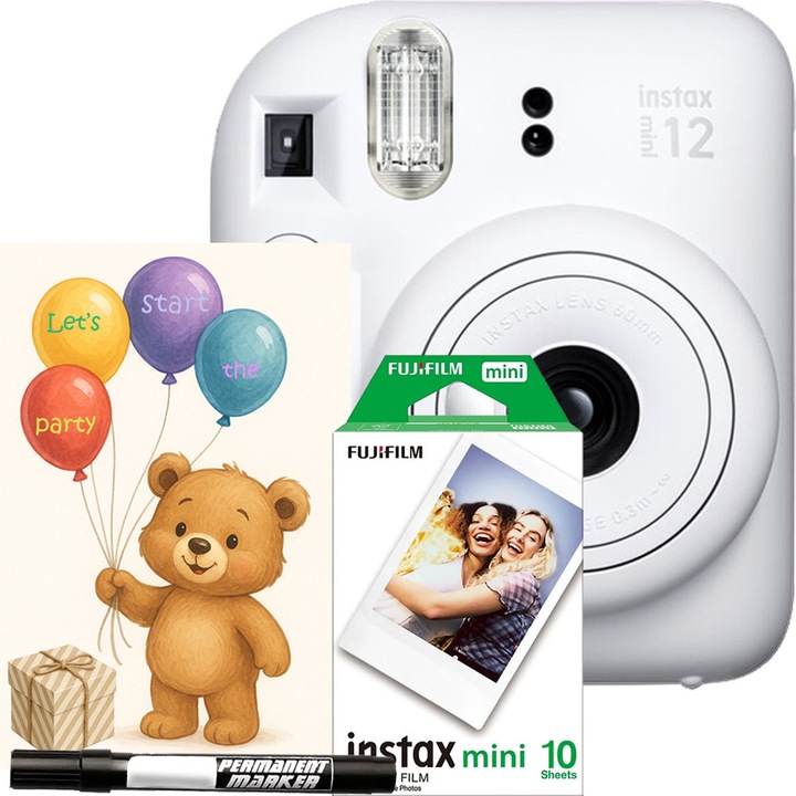 Комплект за събития Fujifilm Instax Mini 12 Party Pack Instant Photo Pack, бял, с 10 филма, поздравителна картичка и Carioca