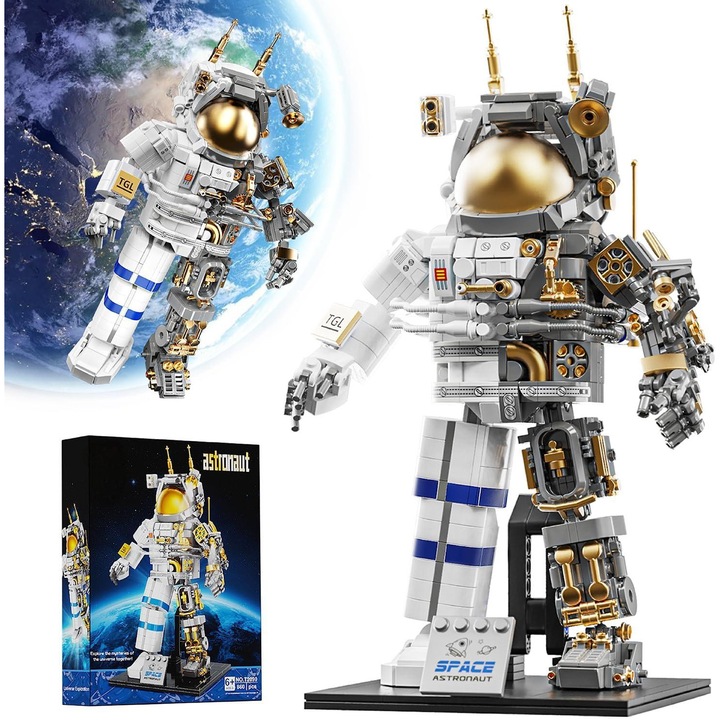 Set de constructie astronaut spatial, WALALLA, 860 piese, design semi-transparent, cu suport de expunere, pentru decorare acasa sau birou