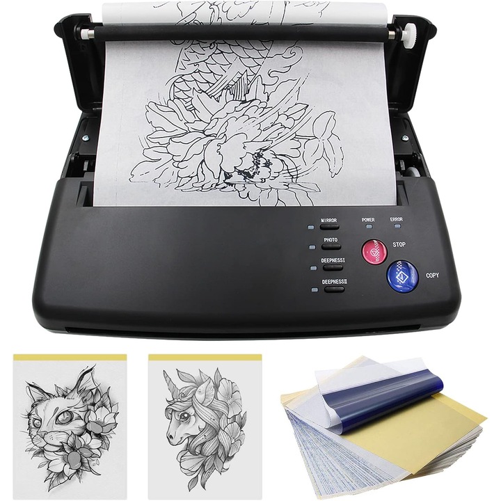 Masina de transfer pentru tatuaje, WALALLA, compacta, 30 coli hartie de transfer, 28x22x7cm, negru