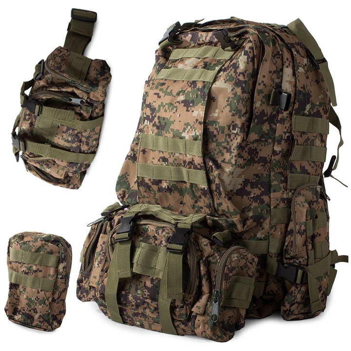 Rucsac tactic militar 48.5L, impermeabil, cu sistem MOLLE, compartimente multiple, borseta detasabila si buzunare laterale, ideal pentru drumetii, camping, supravietuire si activitati outdoor