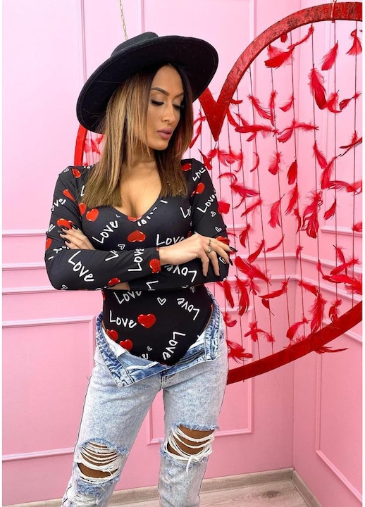 Секси боди за жени, дълъг ръкав, цвят любов, черен, Черен