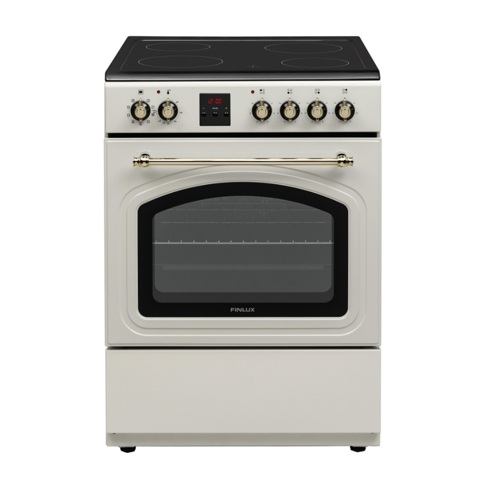 Aragaz electric Finlux FLCR 600MD RETRO, Display LED, Plita vitroceramica 4 zone, Cuptor multifunctional, 69 l, Clasa A, Champagne