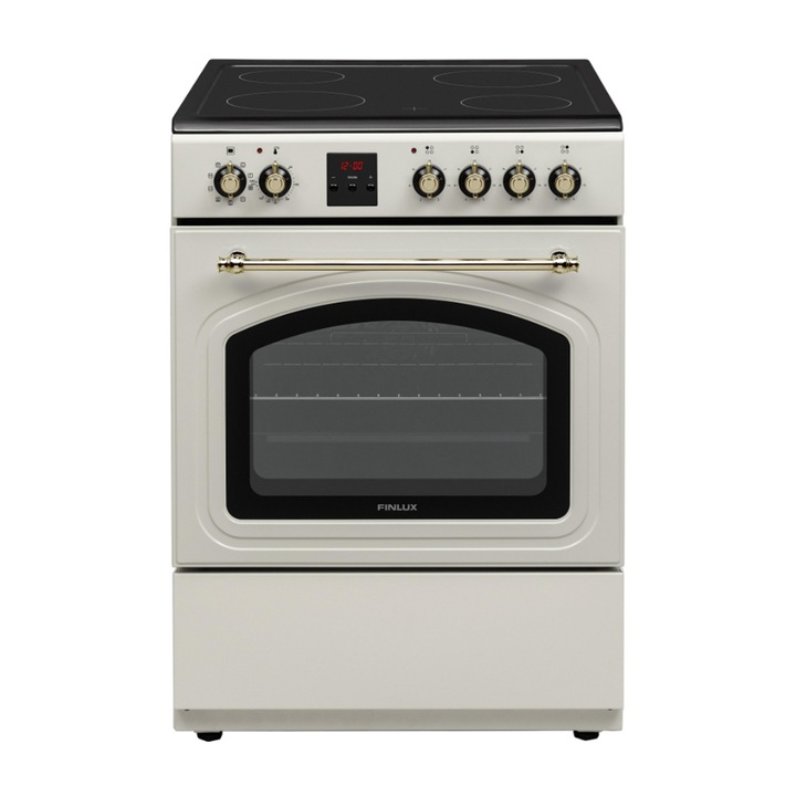Finlux FLCR 600MD RETRO elektromos tűzhely, LED kijelző, 4 zónás kerámia főzőlap, multifunkciós sütő, 69 l, A osztály, pezsgő színű