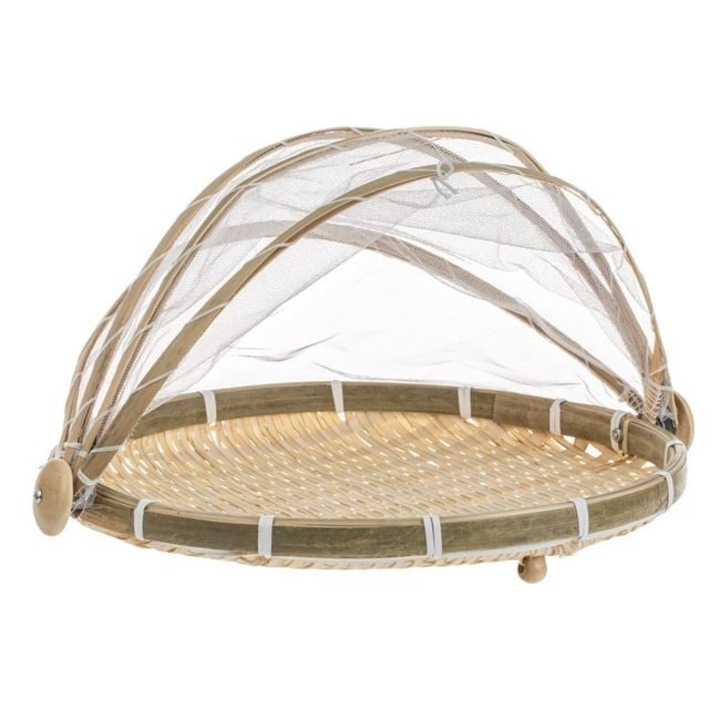 Élelmiszer védőháló bambusz alappal Ø 32 × 17 cm ANTBRO® – Elegáns fedő gyümölcsökhöz, salátákhoz és tálakhoz, ideális bel- és kültérre