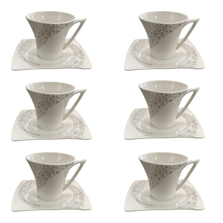 Set 6 cesti Portelan fin, 130 ml cu 6 farfurii, Alb-Argintiu, Luxury Collection