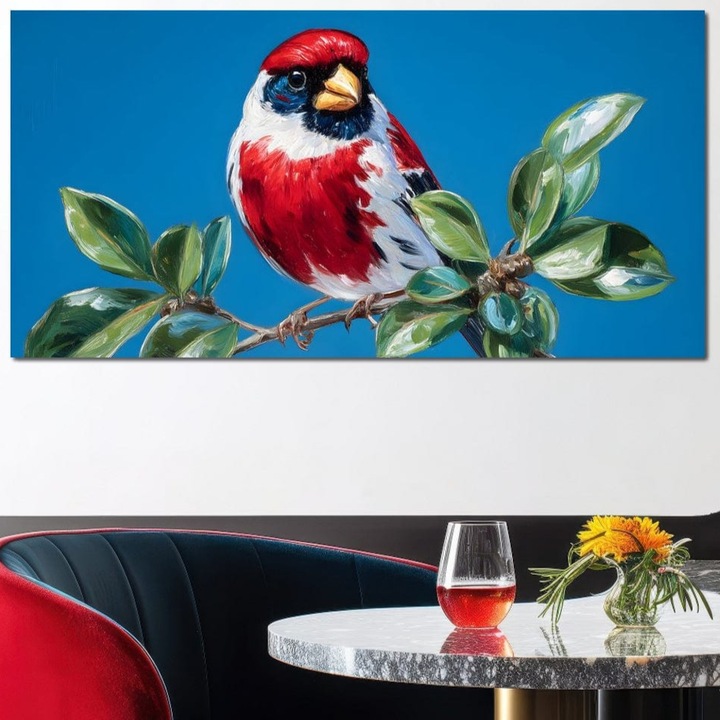 Премиум картина върху платно, LuxCanva® M1118, Рубинената солистка, 60 X 120 см, 100% памучно платно 400 г/м2, дървена рамка, кардинал, червено, клон, пъпки, листа, птица, природа, контраст, живопис, небе, офис, хол, детска стая