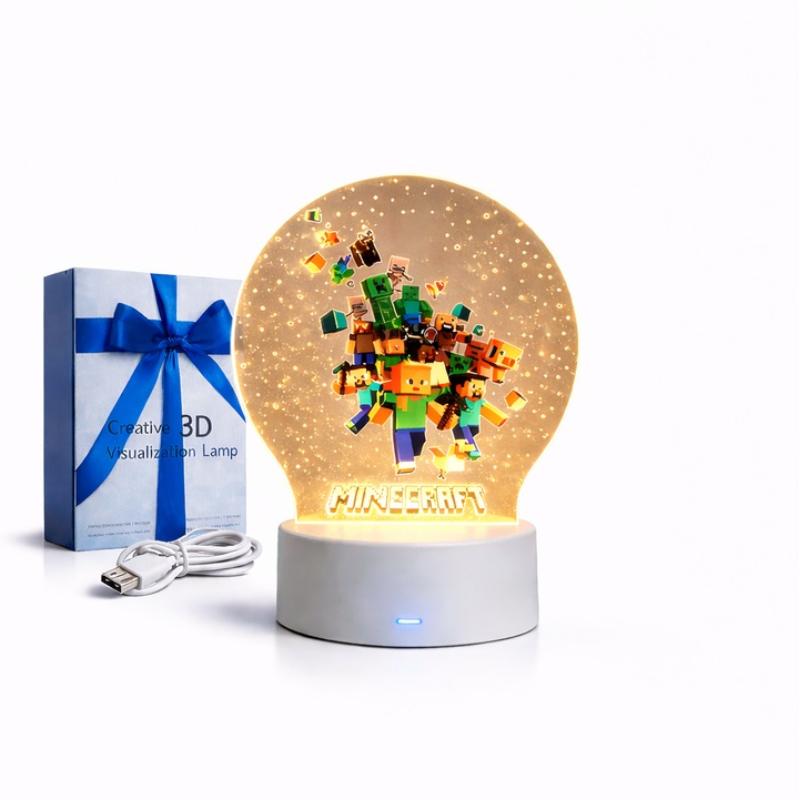 Lampa De Veghe LED, Minecraft, 7 Culori, Lumina Ambientala, Alimentare USB sau 3 baterii AA