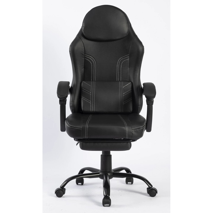 Scaun Ergonomic Directorial, Scaun Birou, Perna Lombara Cu Masaj 2 Puncte, Spatar Rabatabil 155°, Suport Picioare Retractabil, Reglaj Inaltime, Captuseala Groasa, Cotiere Tapitate, Pivotant 360°, Baza Metalica, Piele Ecologica PU, Negru