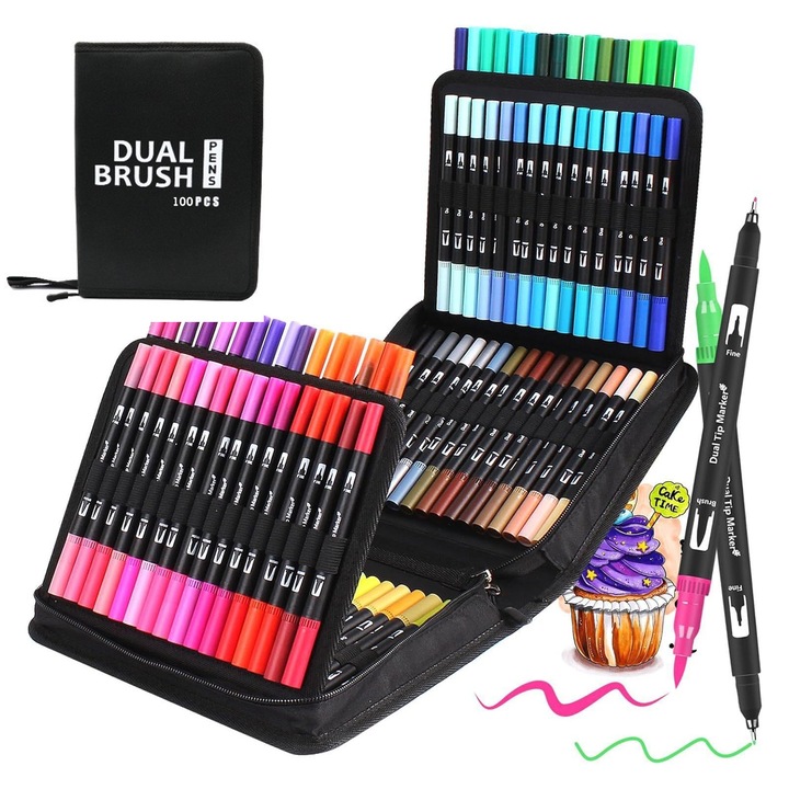 Set de markere duale, Axroad Mall, 100 culori, Markere cu varf fin si gros, Cu geanta depozitare, Rezistente la apa, Non-toxice, Pentru desen si colorat, Usor de amestecat, Pentru lemn, ceramica, piatra, Plastic, Multicolor