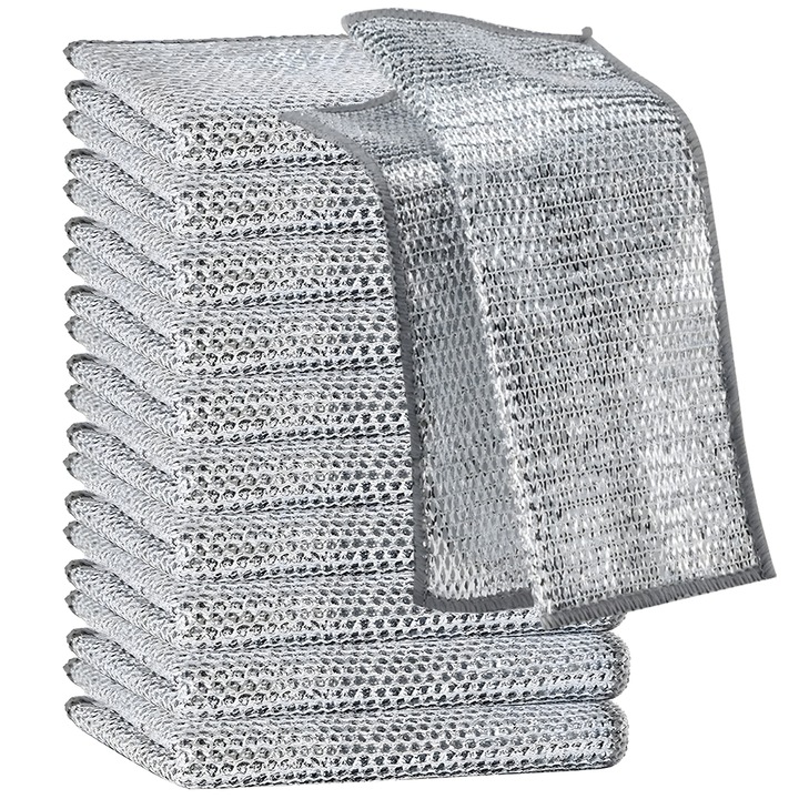 Комплект от 10 абразивни кърпи Teno®, абразивни кърпи Teno®, сплетени от стоманена тел, двуслойни, незалепващи, неабразивни, за дълбоко почистване, за тежки условия, 20 x 20 cm, сиви