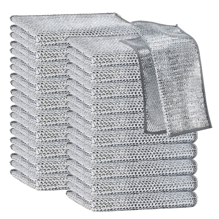 Set 20 Lavete Abrazive Teno®, tesatura cu sarma de otel, dublu strat, anti-aderente, curatare in profunzime, rezistente, 20 x 20 cm, gri