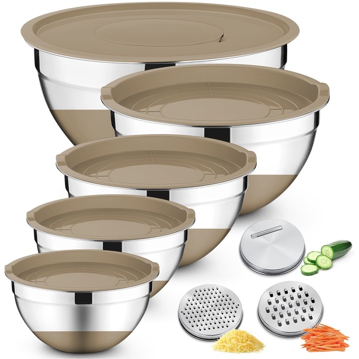 Комплект купи за смесване от неръждаема стомана с капак, 5 части, с 3 рендета, размери 5QT, 3QT, 2QT, 1.5QT, 0.63QT, неплъзгащи се, Wacorresi
