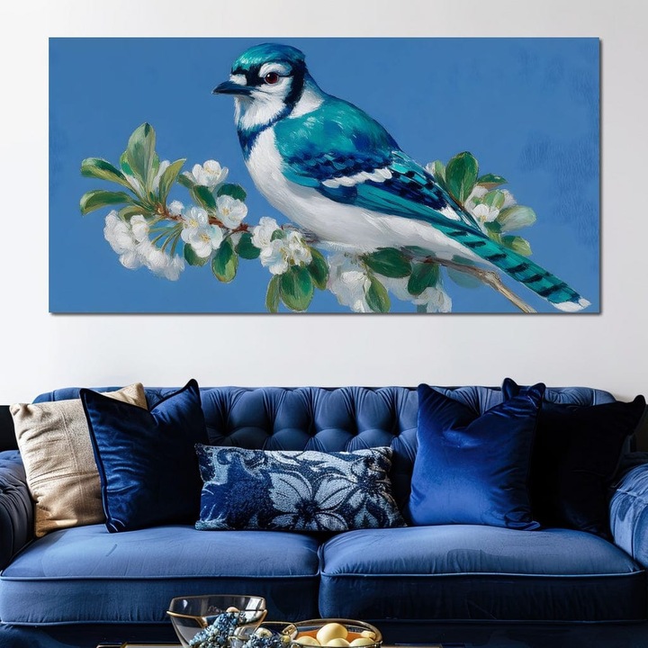 Премиум картина върху платно, LuxCanva® M1120, Свидетел на пролетта, 60 X 120 см, 100% памучно платно 400 г/м2, дървена рамка, пролет, клон, оперение, природа, птица, венчелистчета, пастел, бяло, релаксация, спокойствие, офис, хол, детска стая