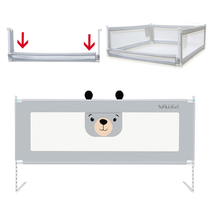 Bariera protectie pat culisanta cu buzunar XXL 200 cm Funny Bear Grey, certificata EN71, inaltime reglabila 72-100 cm model interconectabil