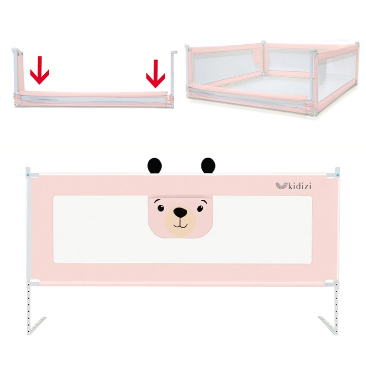Bariera protectie pat culisanta cu buzunar XXL 180 cm Funny Bear Pink, certificata EN71, inaltime reglabila 72-100 cm, model interconectabil