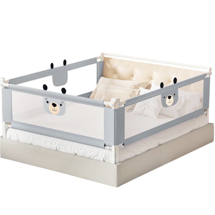 Комплект от 3 предпазни огради за легло Kidizi, XXL, Плъзгащи се, Стабилизатор за легло, 160x200 см Забавно мече сиво, Сертифицирано по EN71, Регулируема височина 72-100 см