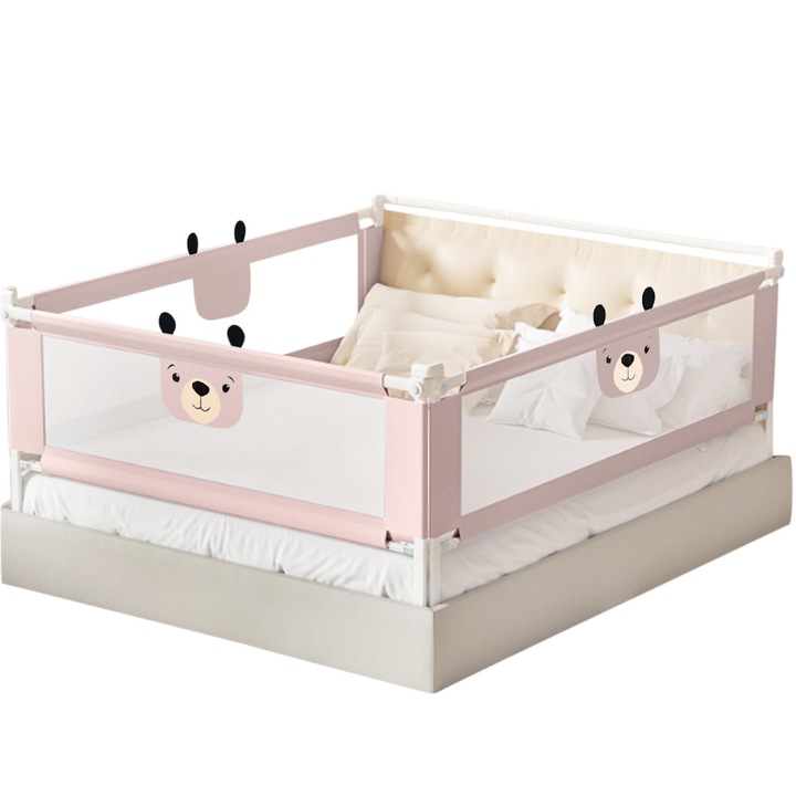 Set 3 bariere protectie pat culisante XXL + STABILIZATOR pentru pat 160x200 cm Kidizi Funny Bear Pink, certificare EN71, inaltime ajustabila 72-100 cm