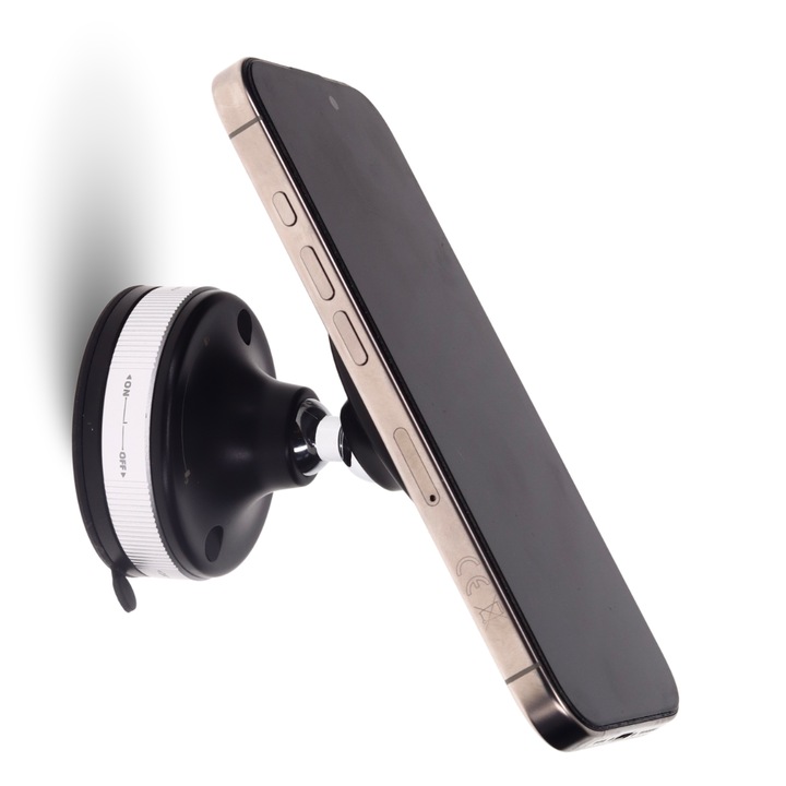 Suport telefon, 68x60 mm, cu magnet puternic, ventuza pentru prindere, cap rotativ, kit curatare inclus