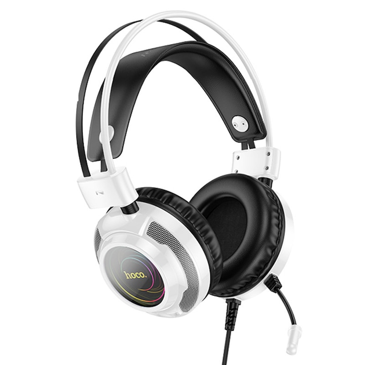 Геймърски слушалки HOCO W110, 2M кабел с USB и AUX, всепосочен микрофон, RGB светлини, бели