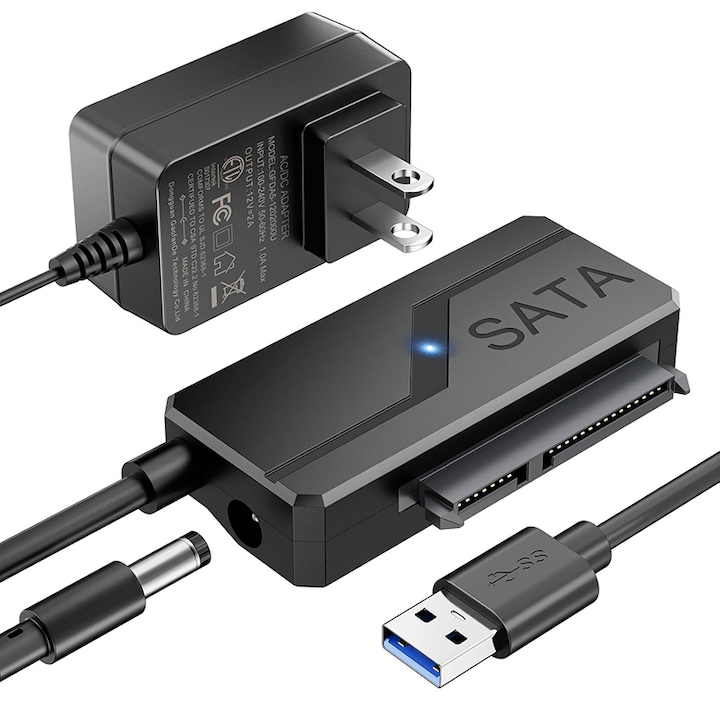 Adaptor USB 3.0 la SATA, Rqiurpn, pentru HDD/SSD 2.5/3.5 inch, plug and play, cu 12V sursa de alimentare, negru