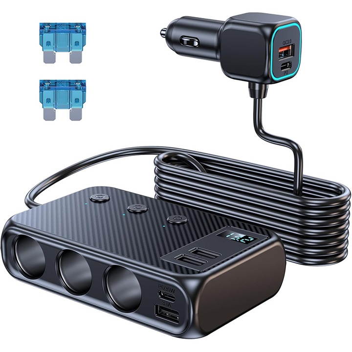 Timebox aljzat adapter, Rqiurpn 9 az 1-ben, többszínű, 12V/24V, 171W, 6 USB port, 3 szivargyújtó aljzat, feszültségkijelző, fekete