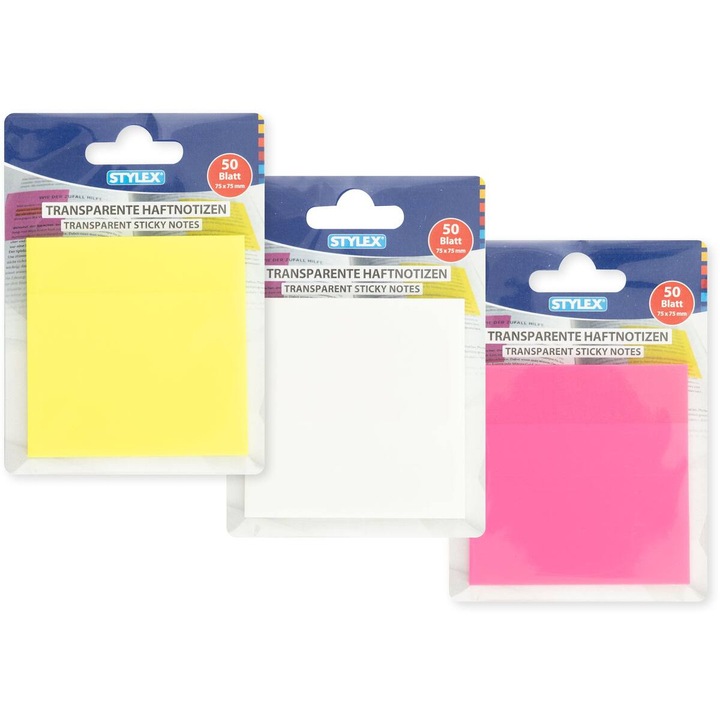 Set 3 notite autoadezive transparente neon 75x75 mm, 50 file plastic Stylex, culori asortate