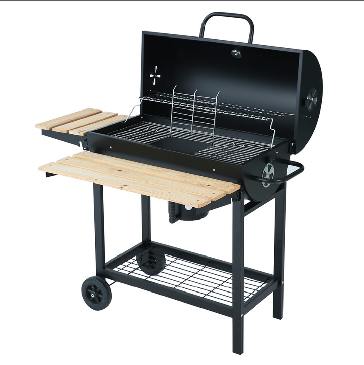 Gratar AVI® pe carbuni, spatiu gatire Ø42 cm x 80 cm, cu termometru, 2 roti, ventilatie reglabila, raft incalzire, tava cenusa, suporturi multiple, 110 x 71 x 103 cm, 20 kg, AVI-4996