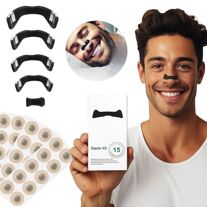 Dilatator nazal antisforait Salestore®, Set 60 plasturi nazali magnetici si 4 benzi Marimi Diferite, pentru imbunatatire respiratie si somn, congestie, deviatie de sept, Aplicator inclus, Negru