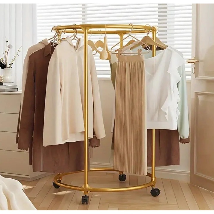 Kerek rozsdamentes acél ruhatartó állvány, kerekekkel, króm felület, 40 kg teherbírás