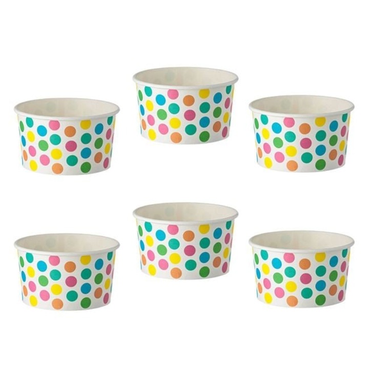 6 x Fehér papírtálka 240 ml színes pöttyökkel – fagylalthoz és desszertekhez – ANTBRO®