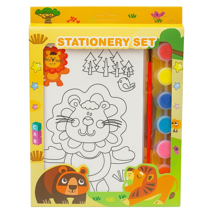 Gyerekeknek való festőkészlet, 6 színezőlappal, vízfestékkel és ecsettel, vadállatok, 18x12 cm, 3 éves kortól