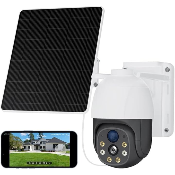 Camera de supraveghere cu panou solar, Wireless SIM 4G, HD 1080p, smart, acumulator 10000 mAh, alerta miscare, alarma cu lumina si sunet, nightvision color, impermeabil IP65, aplicatie dedicata, pentru exterior si interior