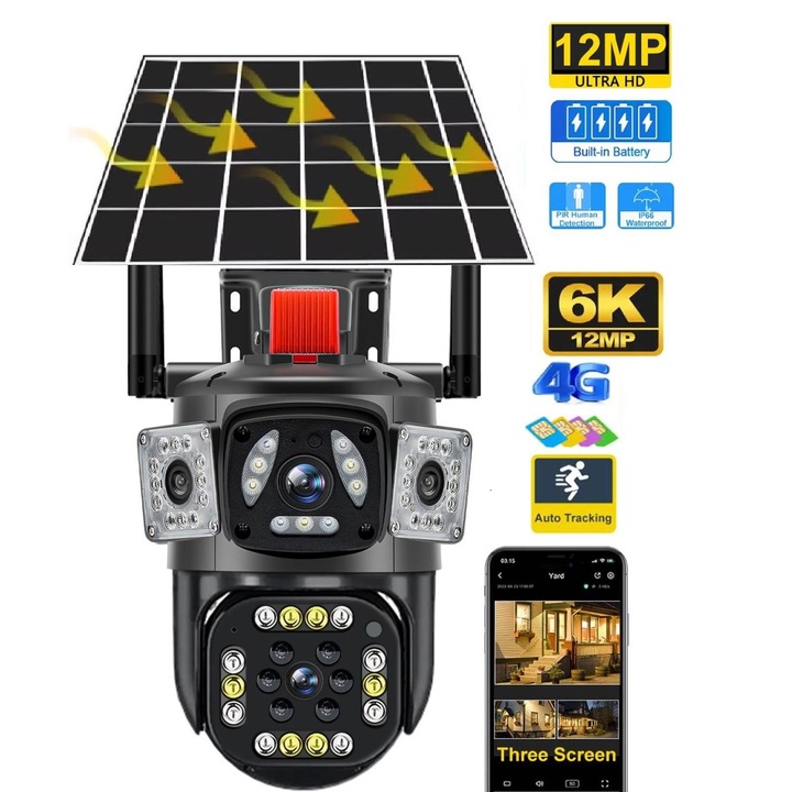 V380 Pro kamera 4G SIM intelligens AI videómegfigyelés napelemes maxi autonómia 20 órás felbontás 12MP 6K UltraHD személykövető hangriasztás kétirányú mikrofon iOS/Android alkalmazás IP66 + bónusz micro SD kártya 64 GB