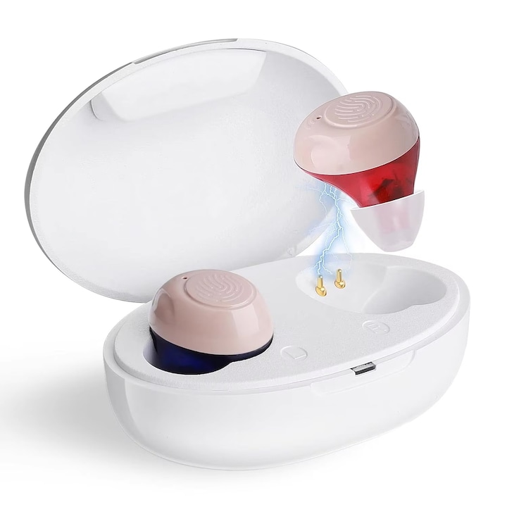 Aparat Auditiv Bluetooth, set 2 bucati, Digital 2025, pentru Hipoacuzie Usoara, Medie sau Severa, Reincarcabil, 50h Autonomie, ITE, 128dB, Reducere Zgomot, Carcasa Incarcare USB-C, Design Compact