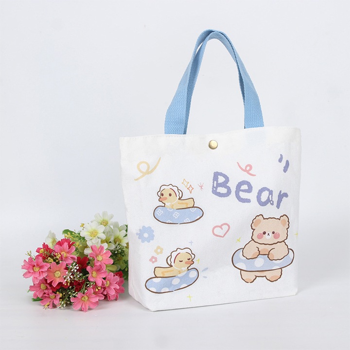 Női vászontáska, 3 darabos szett, vászon, mackóminta, barackszínű, 35x25x10cm