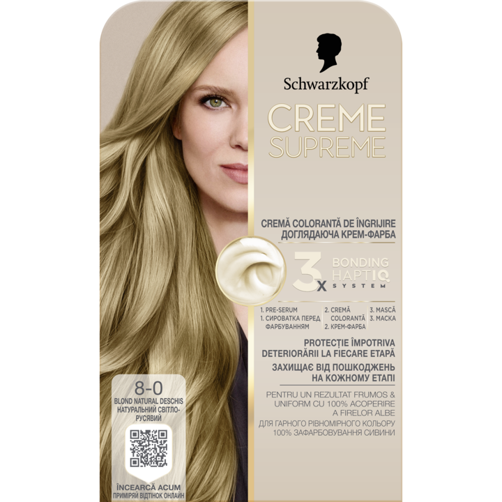 Перманентна боя за коса с амоняк Schwarzkopf Creme Supreme, 8-0 Светло естествено русо, 182 мл