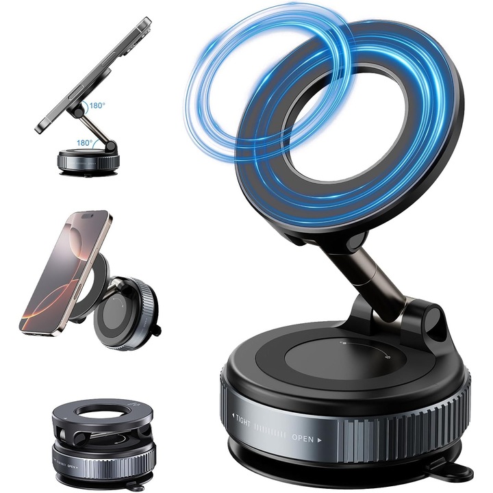 Suport pentru automobile universal, absorbtie magnetica slaba - aproape fara prindere, compatibil cu MagSafe / iPhone, rotatie 360 de grade, brat din aluminiu