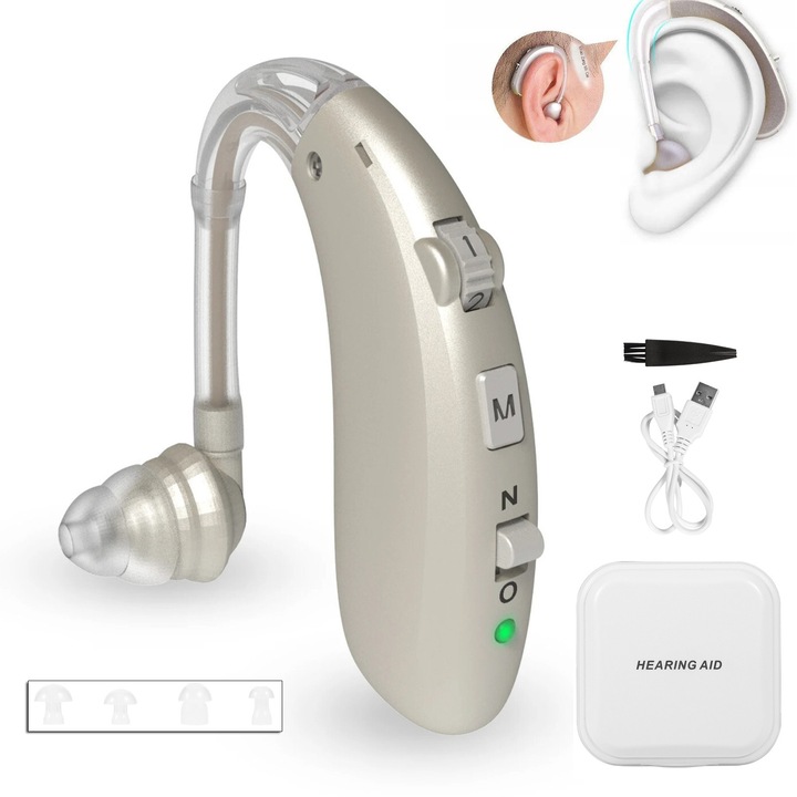 Слухов апарат, 50 часа автономност, 128 dB, презареждаем, 5 размера тапи, зад ухото