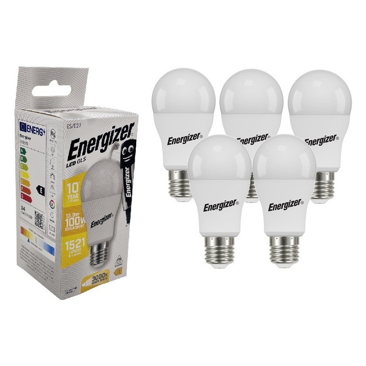 Комплект от 5 LED крушки, 13.8W, GLS, 1521 лумена, E27, 3000K, еквивалент на 100w, Energizer, топла светлина, енергиен клас E