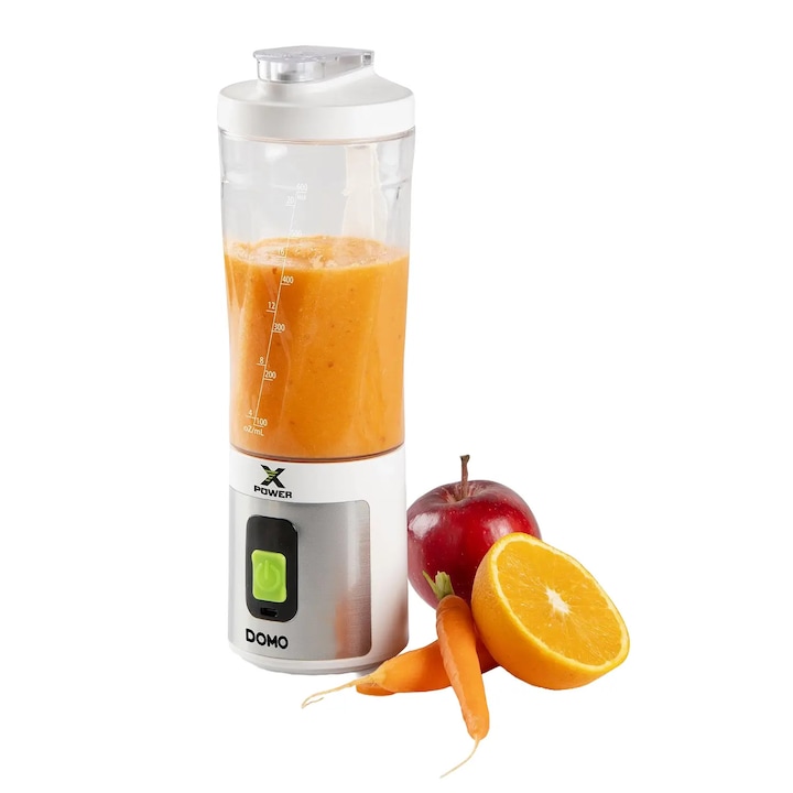 Безжичен блендер DOMO, XPower To Go, вместимост 600 мл, 16 500 об/мин, 6 остриета от неръждаема стомана, контейнер Tritan To Go с капак, без BPA, неплъзгаща се основа, лесен за почистване, Бял