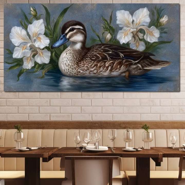 Премиум картина върху платно, LuxCanva® M1121, Прегръщайки лилиите, 70 X 140 см, 100% памучно платно 400 г/м2, дървена рамка, патица, вода, лилии, цветя, птица, листа, езеро, делта, живопис, мир, релаксация, офис, хол, детска стая