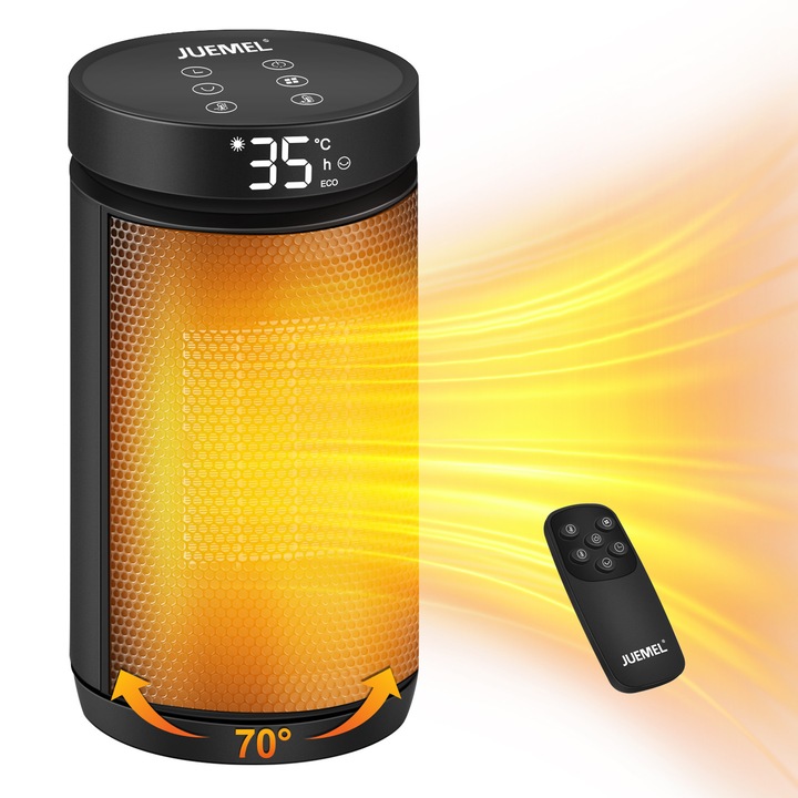 Aeroterma, Juemel, YND-1200Y, cu telecomanda, 1500 W, Incalzitor ceramic PTC, 4 Moduri, Rotatie 70°, Temporizator 1-12 ore, Protectie anti-rasturnare, Aotrivita pentru birou, dormitor si casa, Negru